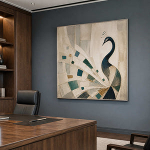Geometric blue peacock artwork in a blue-gray walnut office.