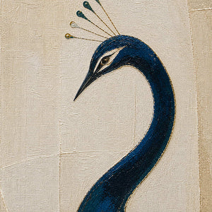 Close-up of deep blue peacock texture and delicate crown details.