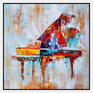 Square textured piano wall art in red, turquoise, orange, and blue.