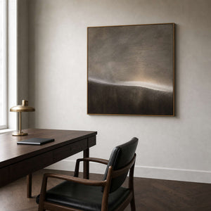 Square wabi-sabi canvas displayed in a Copenhagen executive study.