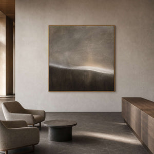 Square minimalist painting displayed in a Kyoto retreat hotel lobby.