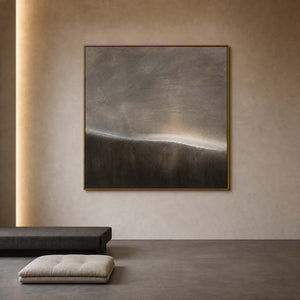 Quiet neutral wall art styled in a private meditation room.