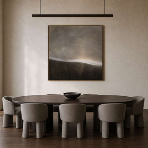 Minimalist taupe abstract painting displayed in a Seoul collector dining room.
