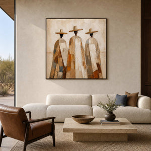 Textured figurative wall art above a warm desert-inspired living room.