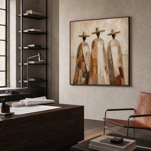 Warm neutral figurative canvas in a modern home office.
