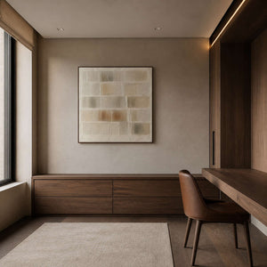Neutral hand-combed abstract artwork displayed in a walnut home office.