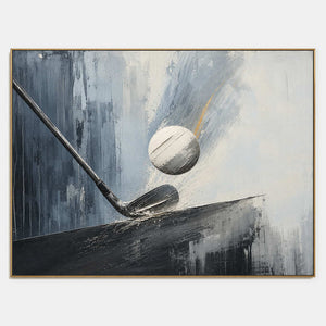 Hand-painted modern golf wall art with black, white, and blue tones.