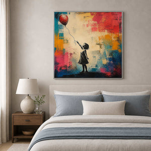 Playful colorful figurative canvas displayed above a modern bed.