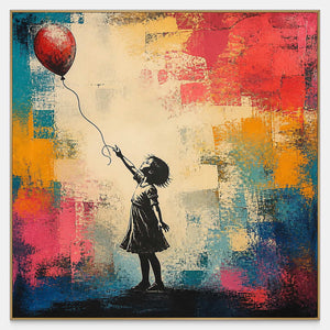 Hand-painted child and red balloon canvas with teal, coral, and ochre texture.