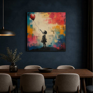 Child and red balloon artwork glowing against a dark dining room wall.