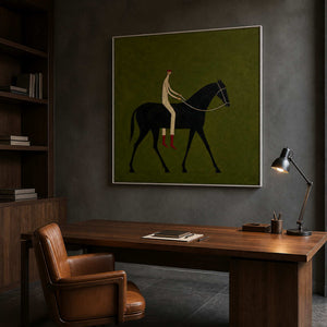 Olive and black rider canvas bringing wit to a charcoal office.