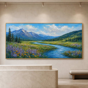 Textured mountain panorama displayed in a contemporary gallery reception.
