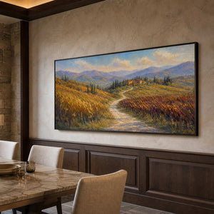 Textured vineyard landscape wall art shown from a mountain-view dining room.
