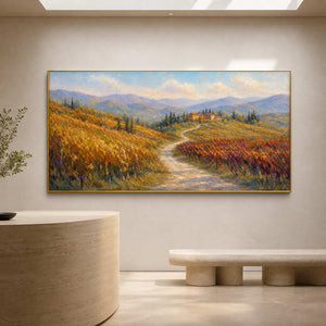 Textured Tuscan panorama displayed in a bright contemporary gallery reception.