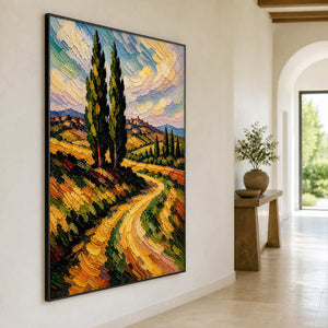 Expressive cypress painting creates depth along a light modern hallway.