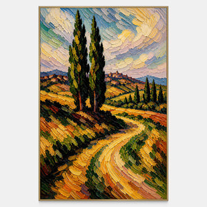 Hand-painted Tuscany landscape with cypress trees, golden fields, and winding road.