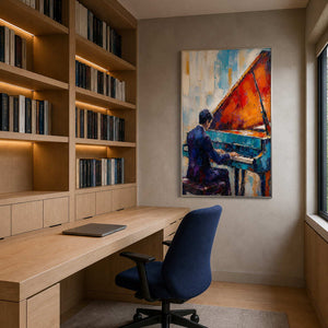 Colorful textured piano wall art displayed in a creative home office.