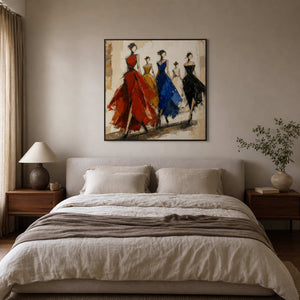 Square textured fashion wall art displayed above a bed in a soft neutral bedroom.