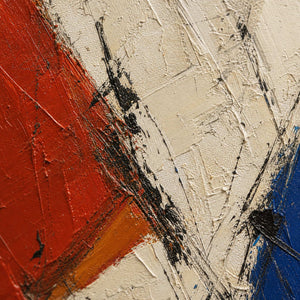 Close-up of raised red, ivory, black, and blue hand-painted texture.