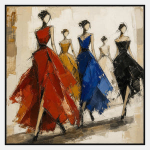 Hand-painted textured fashion wall art with abstract figures in red, blue, gold, ivory, and black.