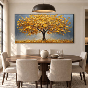 Yellow tree artwork behind an oval dining table beneath a black dome pendant.