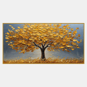Wide tree with a dense golden-yellow canopy, dark branching trunk, and scattered yellow marks against blue-gray.