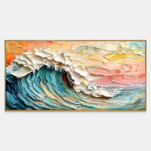Panoramic textured turquoise wave with raised white foam beneath a peach sunset sky.
