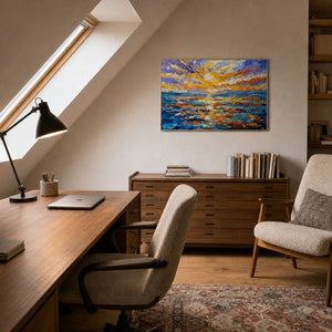 Colorful coastal wall art displayed in a creative home office.