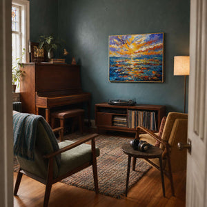 Blue and gold seascape wall art displayed in a home music lounge.