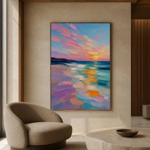 Vertical pastel ocean artwork in a refined hotel lounge.