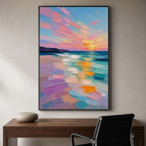 Colorful sunset seascape above a walnut private office desk.