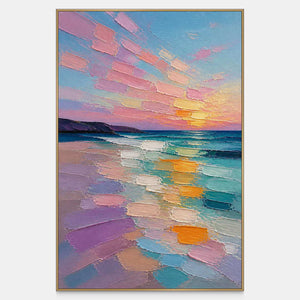Hand-painted sunset seascape in turquoise, rose, lavender, peach, and gold.