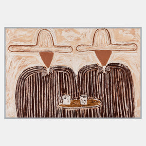 Two broad-hatted figures in brown striped clothing behind a round table holding two white cups, on a cream ground.