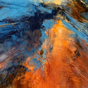 Close view of orange and dark blue brushstrokes sweeping across the textured shoreline.