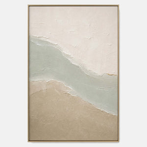 Hand-painted minimalist abstract wall art with neutral, white, and green tones.