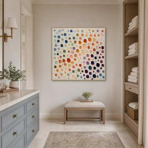 Light textured abstract canvas displayed in a serene modern bathroom.