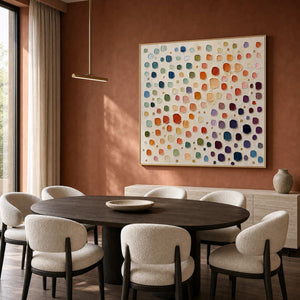 Square colorful abstract canvas styled in a warm modern dining room.