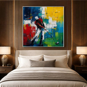 Vivid golf painting displayed above a tailored neutral bed.
