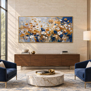 The Time to Bloom in a gold frame above a wood sideboard between navy lounge chairs in a stone-walled lobby.
