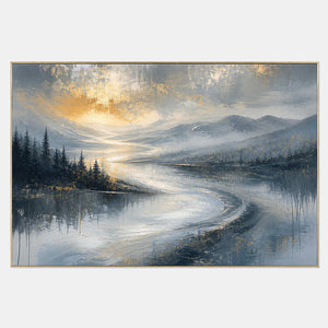 Hand-painted textured mountain wall art with blue, white, and warm tones tones.