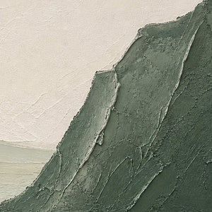 Close-up of raised hand-painted texture in green, white, and earth tones.