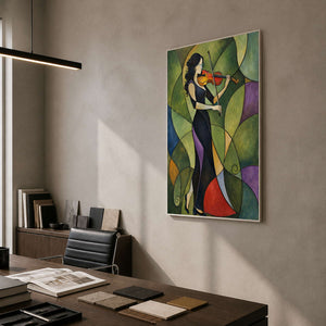 Violinist wall art shown from the side in a creative director office.