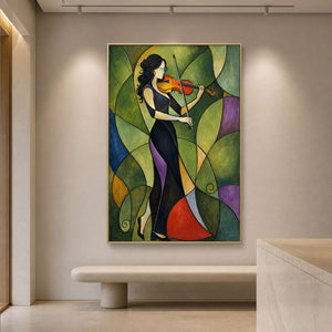 Modern violinist artwork displayed in a contemporary gallery reception.