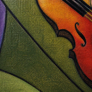 Close-up of woven canvas texture and layered green, orange, red, and black paint.