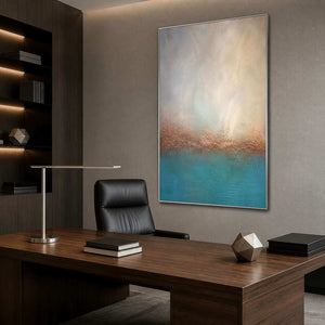 Atmospheric blue wall art bringing calm light to an office.