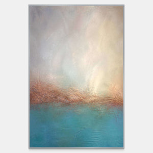 Hand-painted coastal canvas with turquoise water and a pale luminous horizon.