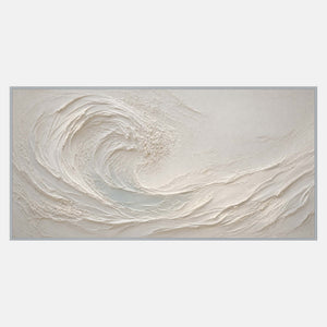 Hand-painted panoramic coastal wall art in ivory and pale sea-glass blue.