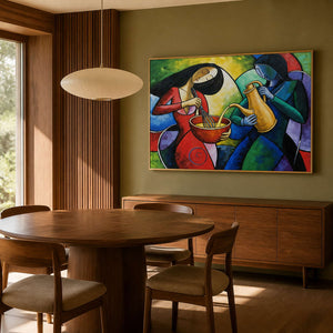 Colorful modern kitchen wall art displayed in a warm wood mid-century dining room.