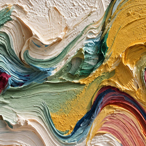Close-up of raised white, blue-green, and mustard folds meeting above a narrow burgundy curve.