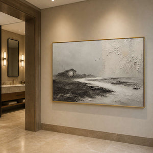 Three Birds Cross the Quiet Shore in a gold-framed bathroom